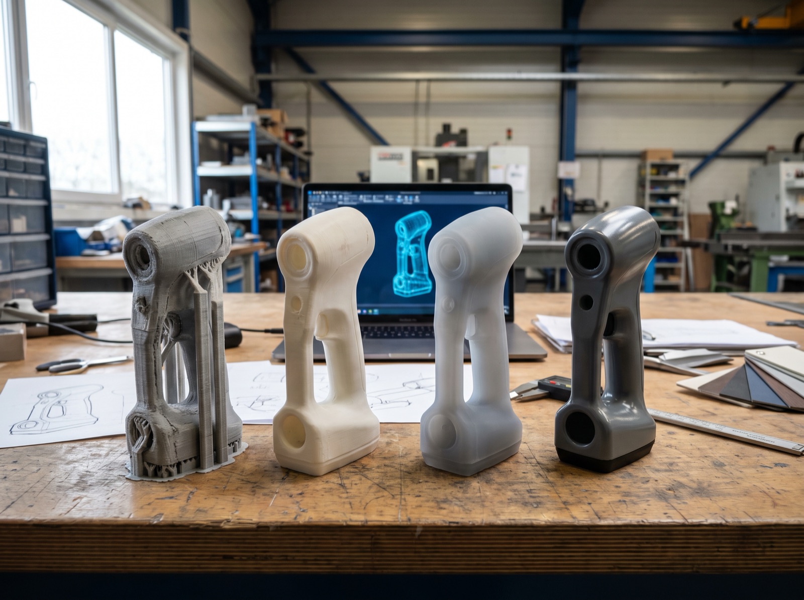 Kaba FDM baskıdan pürüzsüz SLA prototipe dört tasarım turu, arkada CAD ekranı